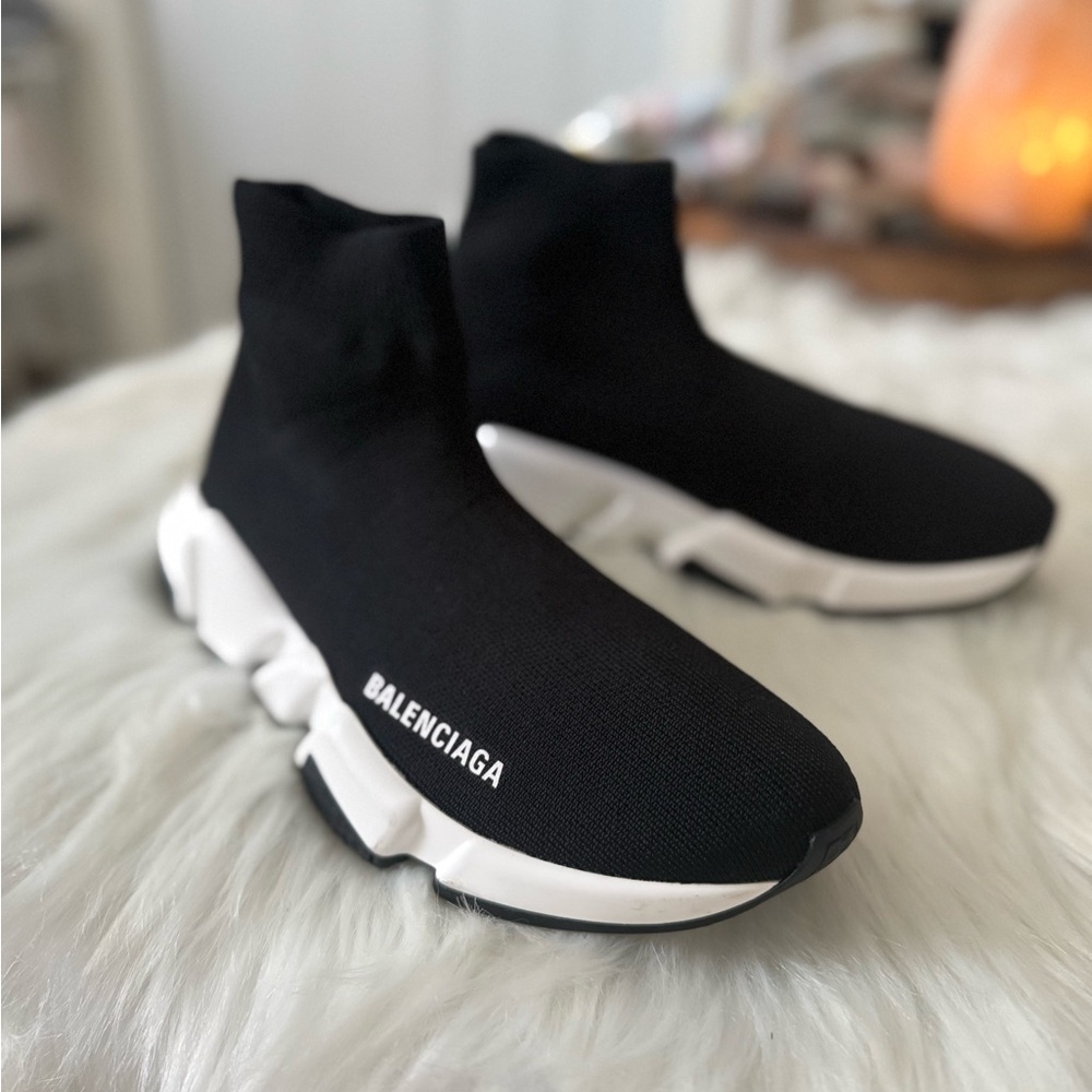 Balenciaga Black Knit Sneakers with White Sole